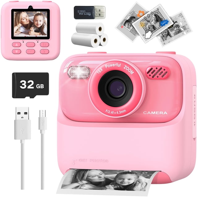 Cámara para niños McAolo con impresión instantánea de fotos y vídeos HD, rosa, de 3 a 12 años