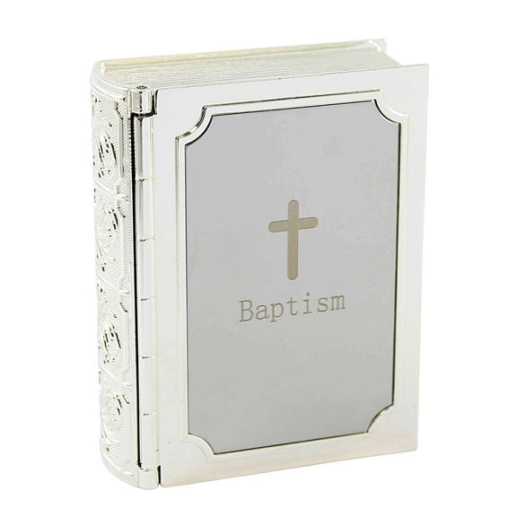 Religious Baptism Bible Keepsake Box Metal Church Book Silver 19777