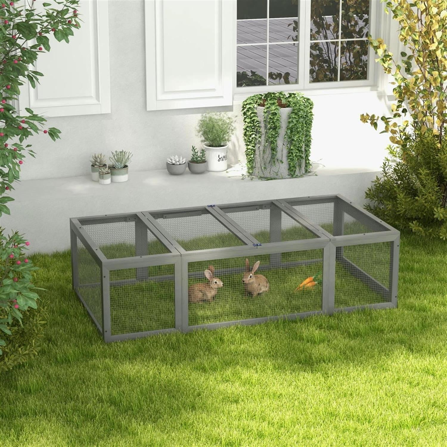 Kadyn 70" Outdoor Rabbit Hutch with Run and Lockable Doors, Wooden Small Animal Habitat Enclosure Bunny Cage for Bunnies, Guinea Pigs, Gray