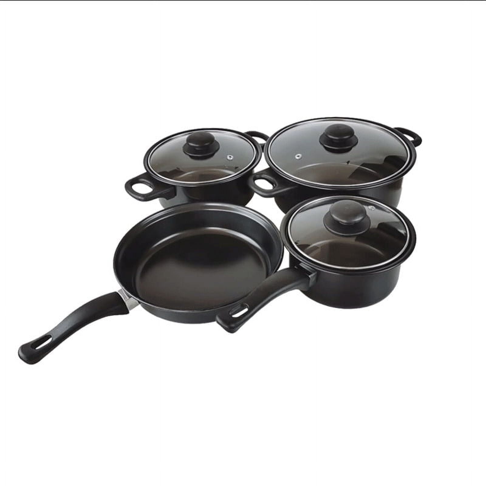 Unbranded Non-Stick Cookware Set, Small Portable Cast Iron Pots and Pans with Glass Lids and Nylon Utensils for Outdoor Cooking - 13 Piece Set, Black