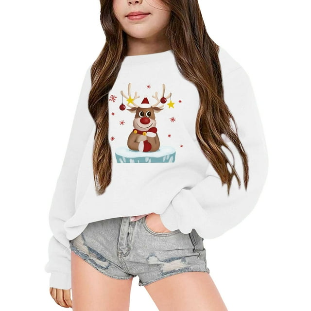 PMVFHDE Chandails Graphiques en Liquidation pour Enfants Automne et Hiver à Manches Longues Imprimé Col Rond pour Garçons et Filles Plus Manteau à Capuche Chaud Chandail Col Rond pour Filles, Blanc, 9-10 Ans