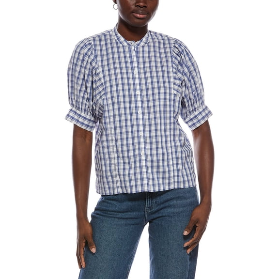 Madewell womens Puff Sleeve Band Collar Shirt, 0, Blue