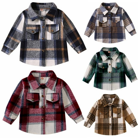 

Hot Sale Jacket Toddler Flannel Shirt Jacket Plaid Long Sleeve Lapel Jacket Kids Boys Girls Fall Tops qILAKOG Green4-5 Years
