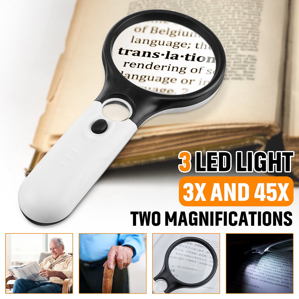 10X Handheld Magnifier Reading Magnifying Glass Jewelry Loupe With 3 LED Light 