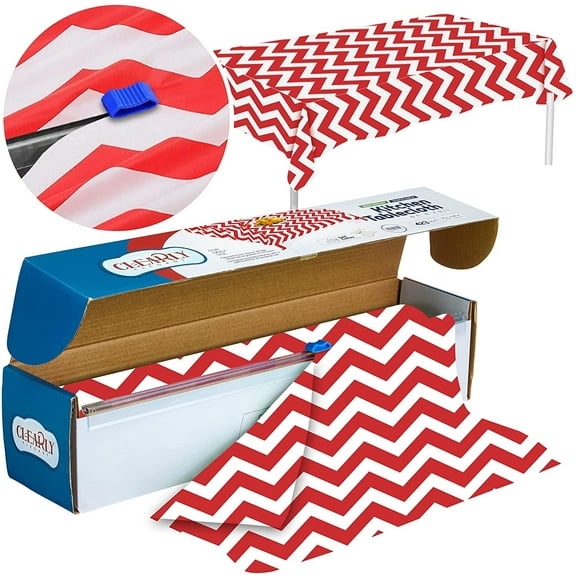 Red White Chevron Plastic Tablecloth Roll - Durable Plastic Table Cover Roll | Indoor/Outdoor | 52 Inch X 100 Feet | Water Resistant Tablecover | Disposable Table Cloth with Easy to Use Safe Cutter