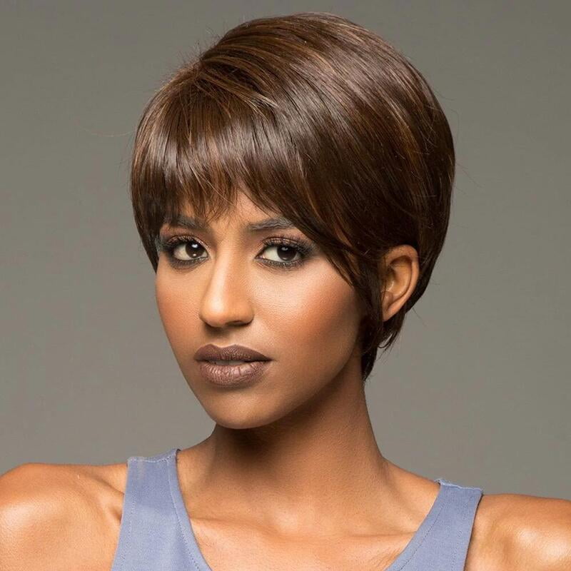 Wig short curly hair dark brown fluffy short bangs women's wig natural and realistic