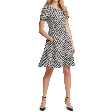DKNY Women's Wavey Plaid Short Sleeve Fit & Flare Dress Gray Size 10
