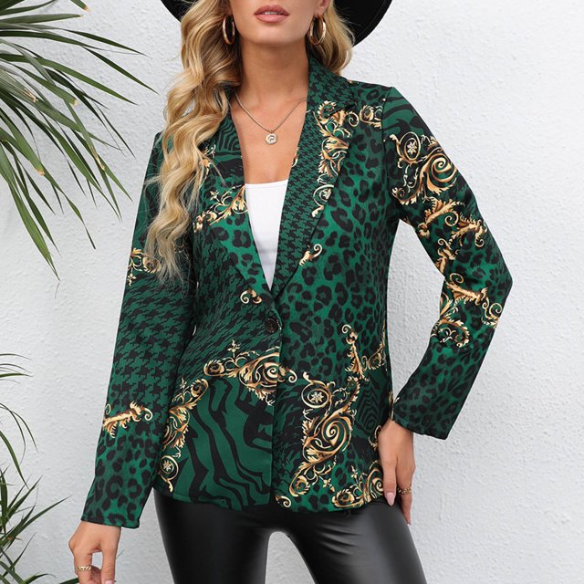 Pntutb Mujer Primavera y Otoño Estampado Leopardo Solapa Manga Larga Pequeño Blazer Botón Chaqueta Flash Selecciones Pntutb Pntutb-4670