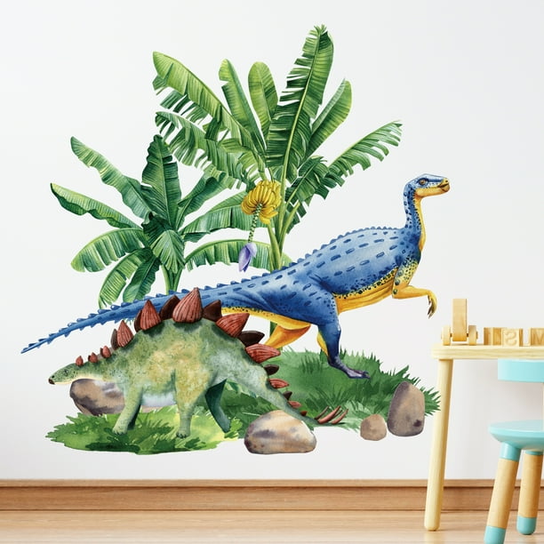 Adhesivos de pared con dibujos animados de dinosaurios, selva, hojas verdes, PVC