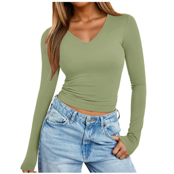 Womens Tops Solid Color V Neck Hot Girl Slim Long Sleeve Shirt Top Blouse Shirts for Women Green L