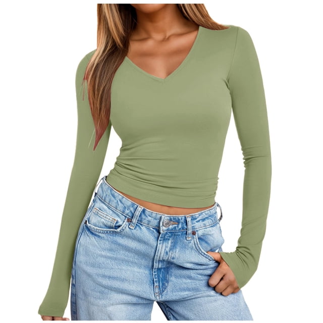 Camisa lisa de manga larga con cuello en V para mujer - Blusa ajustada para fiestas informales - Tallas S-XXL