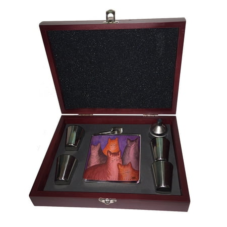 

KuzmarK Pink Leather Flask Set in Rose Wood Gift Box - Five Tabby Shorthair Kitties Cat Art by Denise Every