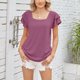 thumbnail image 2 of Camiseta de mujer Cuello cuadrado Color puro Volantes Manga corta Blusa superior para viajes de verano Púrpura oscuro L, 2 of 6