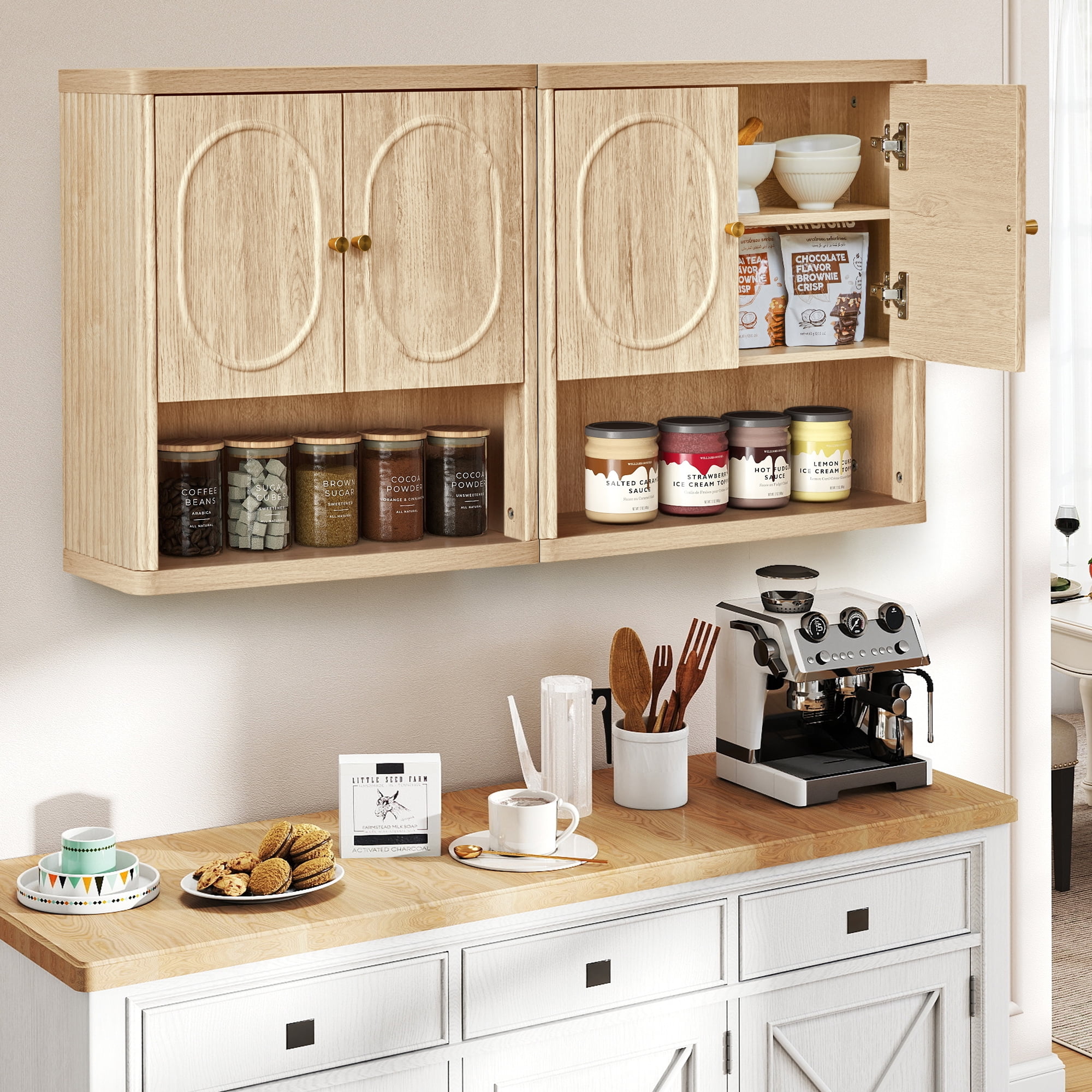 Wirrytor Fluted Wall Mount Cabinet with Adjustable Shelves and Towel Rack, Space-Saving Bathroom Vanity Organizer and Kitchen Cupboard Storage Solution in Oak Finish