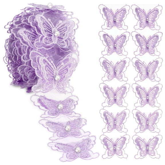 4 Yards Butterfly Pearl Organza Lace Butterfly Pearl Organza Lace Trim Fabric Butterflies for Crafts (Purple)