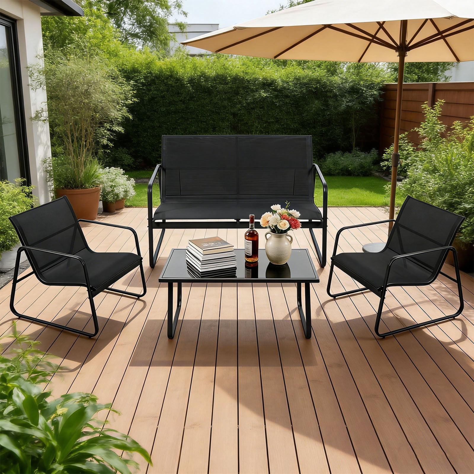 Casabay 4-Piece Outdoor Courtyard Furniture Set with Patio Chairs & Coffee Table, All Weather Outdoor Seating Breathable Fabric for Yard, Pool, Lawn, Black