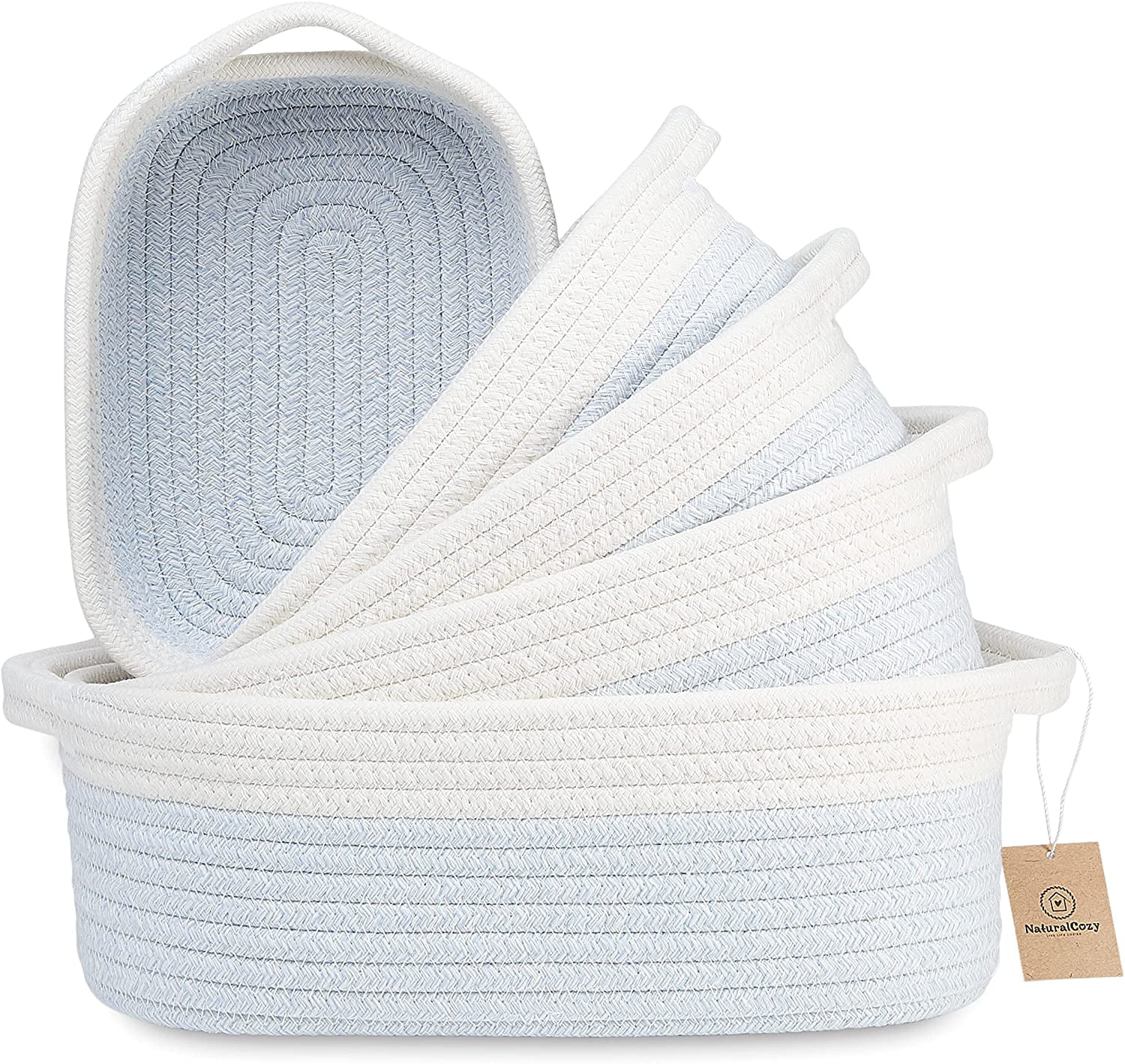 100% Natural Cotton Off White & Baby Blue Toy Basket Gift Oval Woven Storage Basket Set NaturalCozy 3-Piece Cotton Rope Baskets with Handles Cat Dog Toy Baskets Small Soft Baby Nursery Baskets 