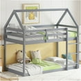 thumbnail image 3 of JERFIT Twin over Twin Low Profile House Frame Bunk Bed with Ladder & Guardrails, Rubber Wood, Gray, 3 of 9