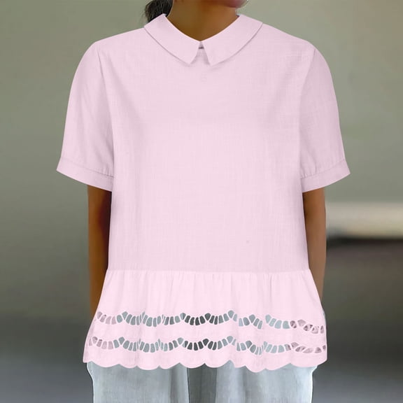 YHAJDS Women's Summer Tops Lace Collar Solid Color Short Sleeve Blouse