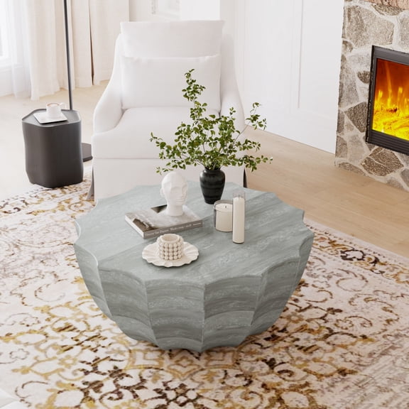 Modern Waterproof Round Coffee Table for Outdoor and Indoor Use, Durable Magnesium Oxide Cement Construction, Ideal for Patio Garden Backyard Terrace and Living Room Decor in Marble White Finish