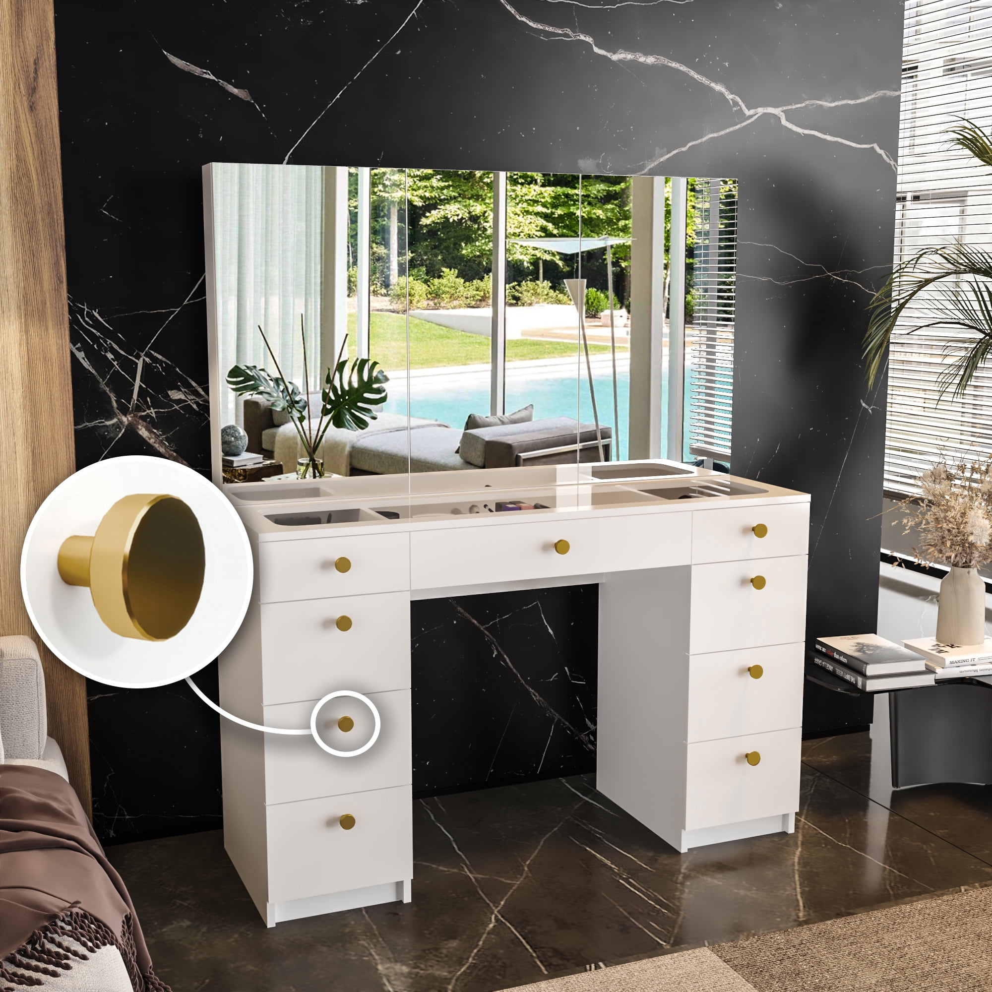 Ember Interiors Modern Vanity Table, 9 Drawers Cabinet Mirrors Golden Knobs White for Bedroom