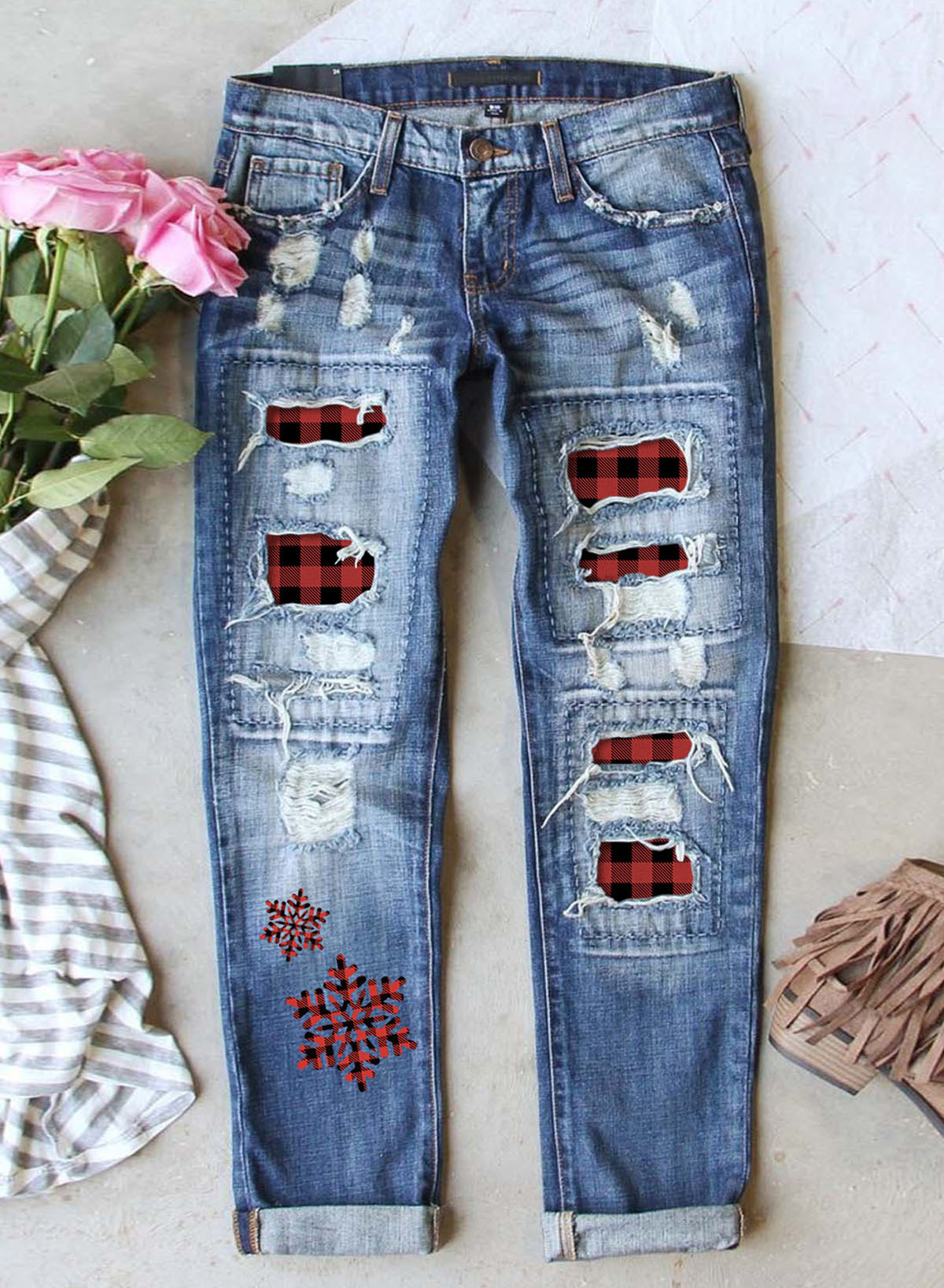 EVALESS Plaid/Flag Patch Ripped Jeans for Womens Boyfriend