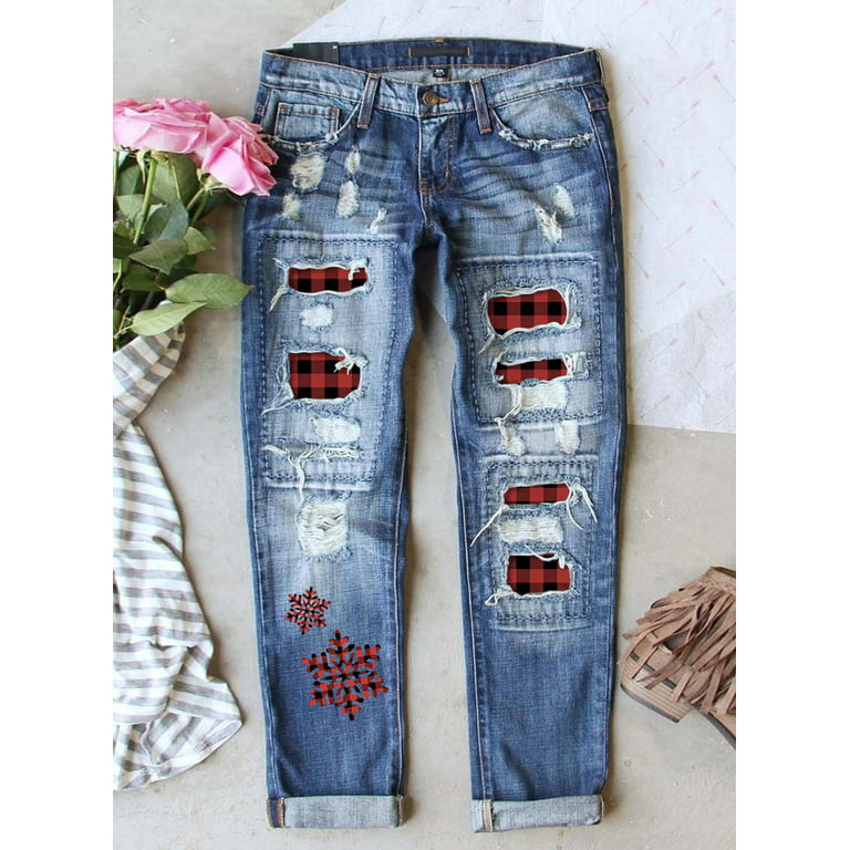 EVALESS Plaid/Flag Patch Ripped Jeans for Womens Boyfriend