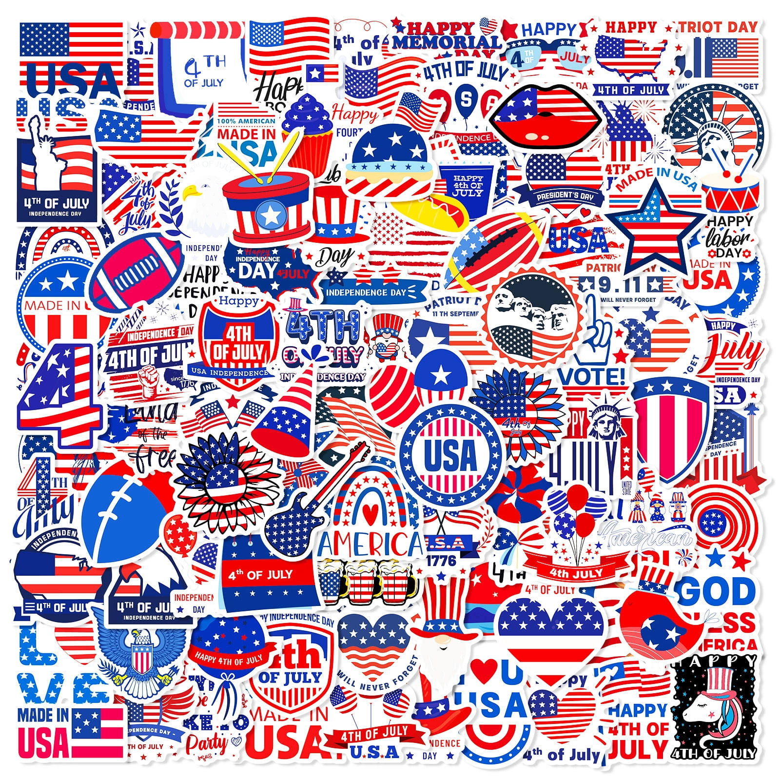 100 American Independence Day Stickers - Featuring Presidents, Hearts, Hats, and U.S. Flags, Celebration Decals