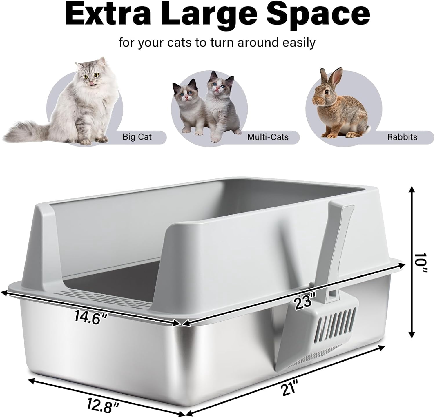 Extra Large Stainless Steel Litter Box with Lid, High Sided Design Includes Mat and Scooper, Easy Clean Non-Stick Odor Control