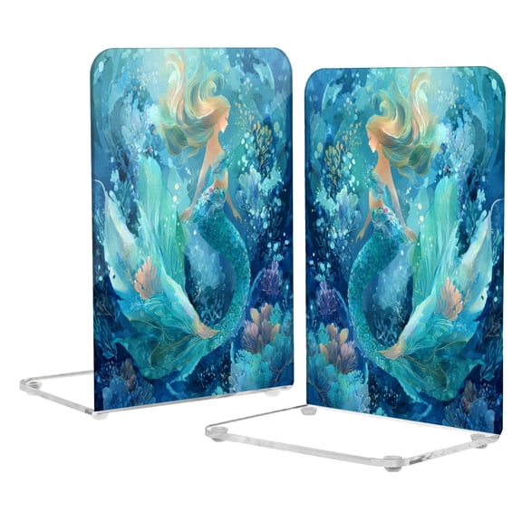 2Pack Acrylic Bookends Clear L-Shaped Book Holders with Non-Slip Pads Sturdy Durable Book Stoppers for Shelves, Office, School, Library, Home Desk Decor Teal Mermaid in Coral Reef