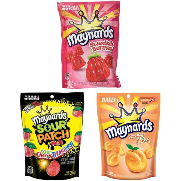Maynards Sour Cherry Blasters, Swedish Berries and Fuzzy Peach Candy Variety 355g/12.5oz, 3-Pack