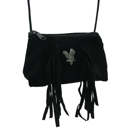 Doe Suede Body - Black Suede Crossbody Purse w/Fringe & Silver Flying Eagle Stud