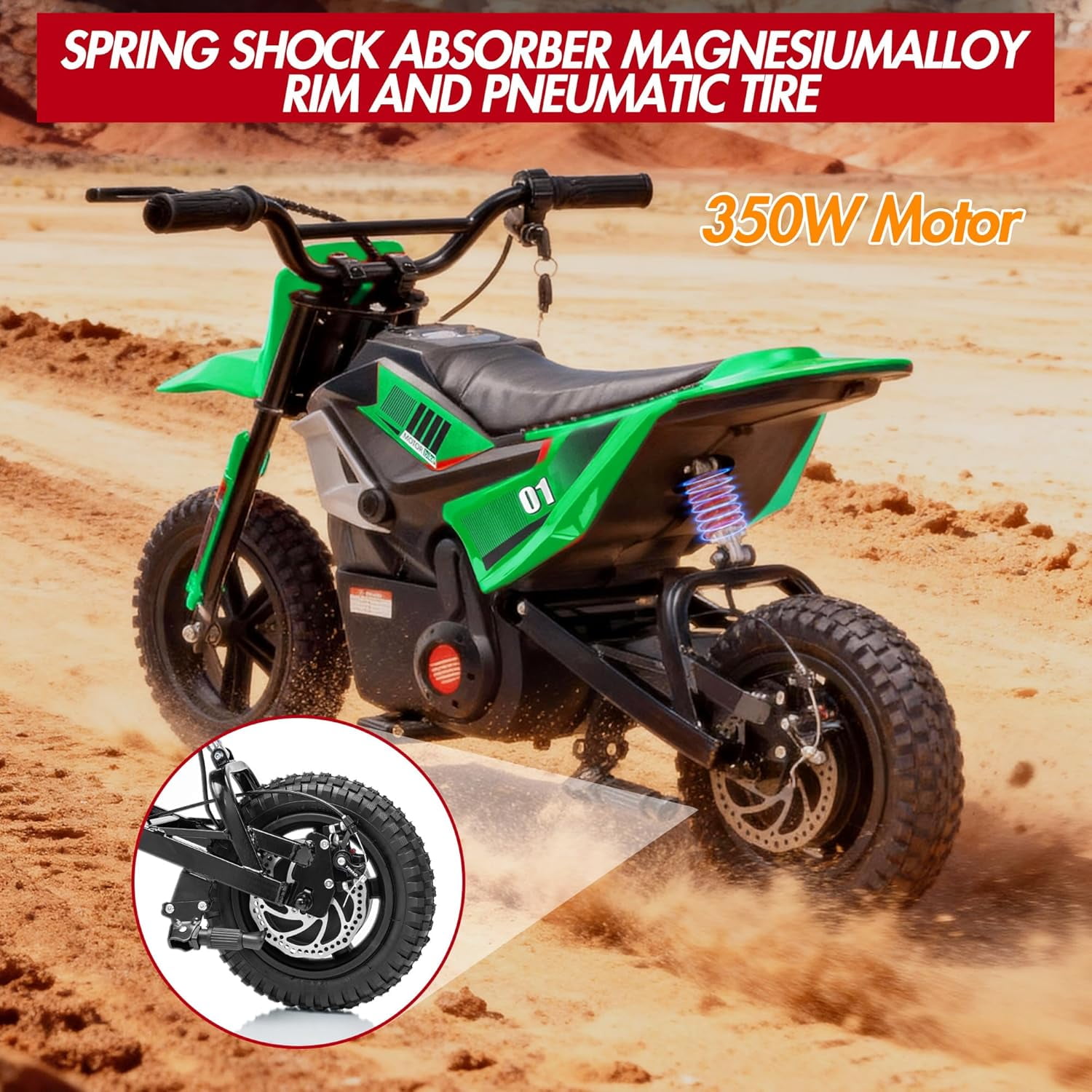 Rugerasy 24V Electric Dirt Bike,Ride on Motorcycle with Rear Wheel Suspension,12 Miles Range,Twist Grip Throttle,Rubber Tire,Birthday & Xmas Gifts,Green