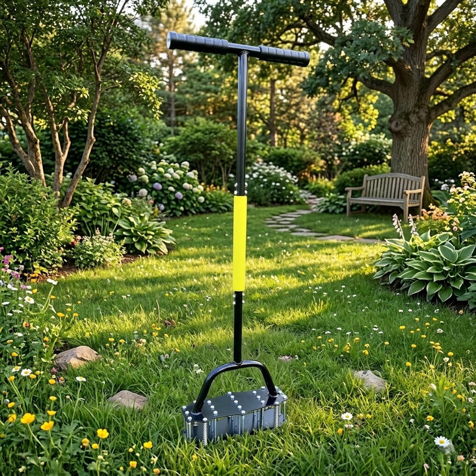 Lawn Aerator Tool, Spring-Loaded Soil Aerator with Auto-Reset, 18 Steel Spikes, Heavy-Duty Carbon Steel, Ergonomic T-Handle for Lawn, Yard and Garden