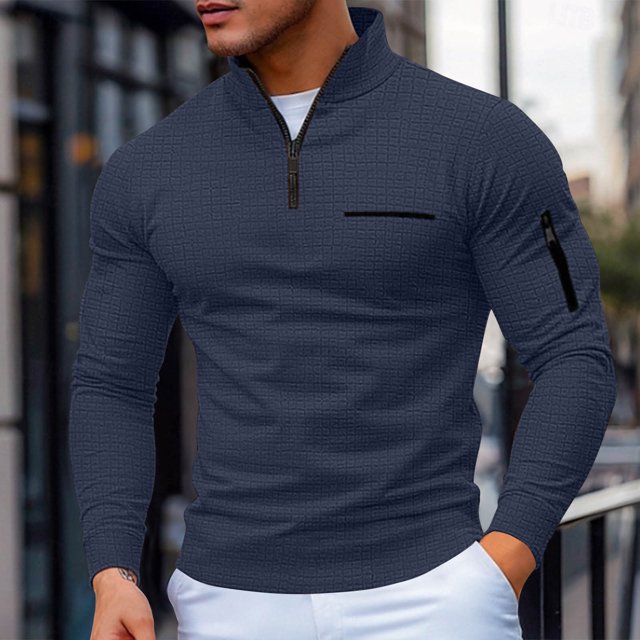 pstuiky camisas de manga larga para hombre, Top a cuadros de cuello alto y manga larga con media cremallera de color liso para hombre salir tops xxl
