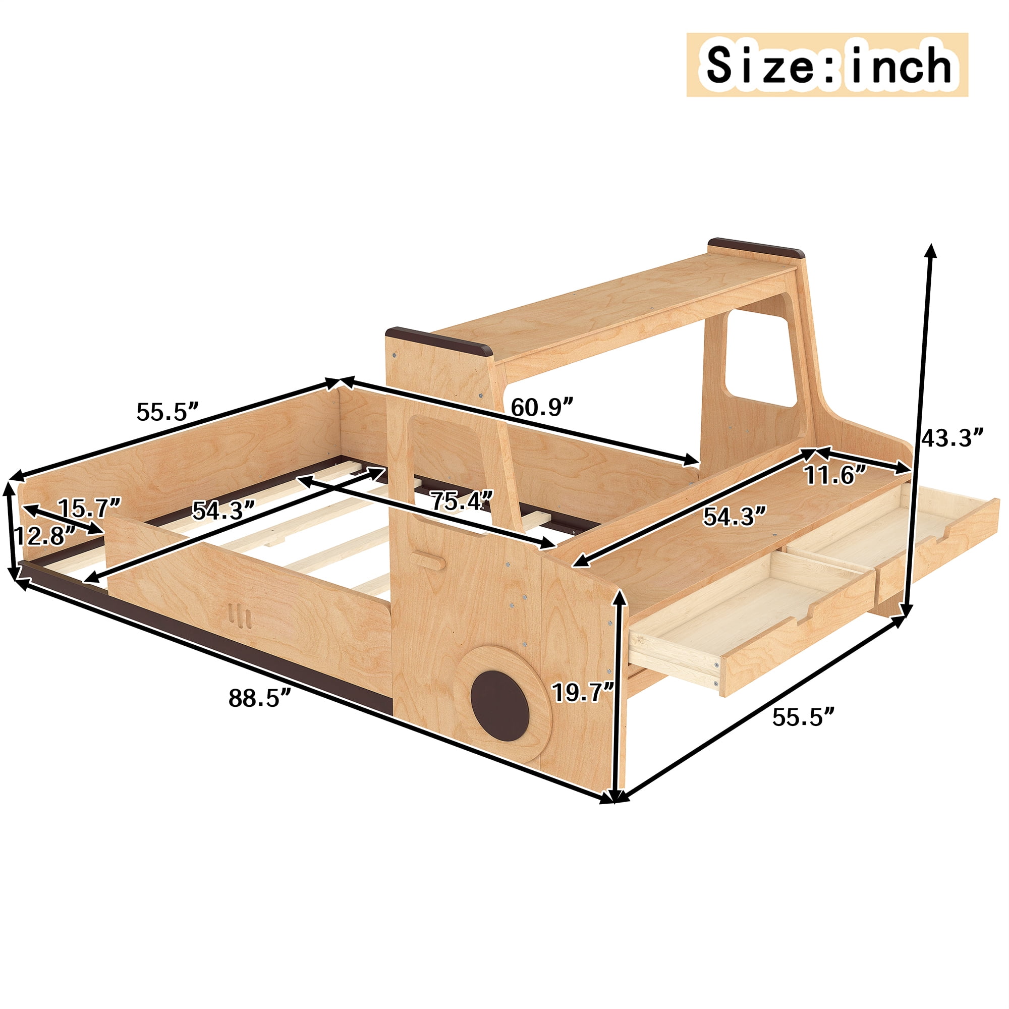 Bellemave Full Car-Shape Floor Bed, Wood Floor Beds Frame with Storage Drawers, Window & Desk, Creative Design for Small Space, Natural
