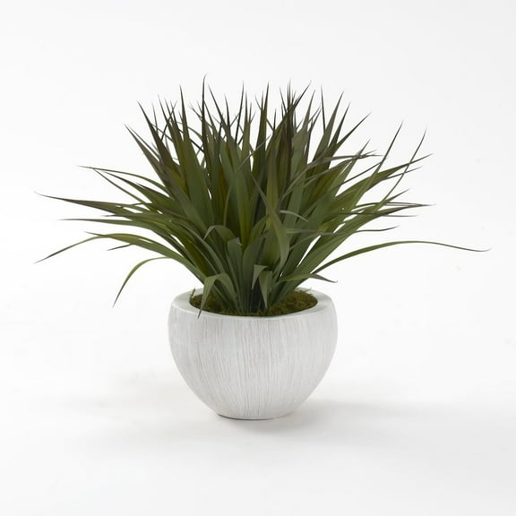 D & W Silks Plastic Grass in Small White Cermaic Bowl
