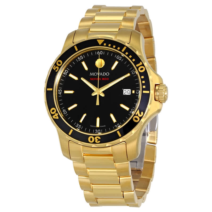 Movado Series 800 Black Dial Yellow Gold PVD Men's Watch 2600145
