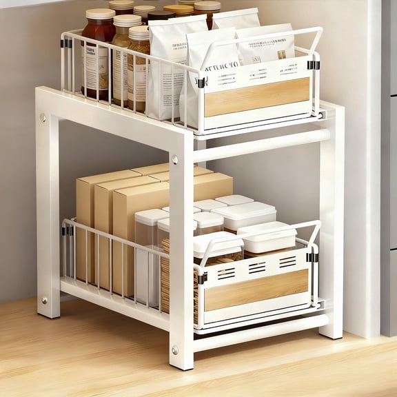 2-Tier Metal Under Sink Storage, Multi-Purpose Pull Out Cabinet Organizer, White Double Sliding Basket Organizer for Kitchen, Bathroom,
