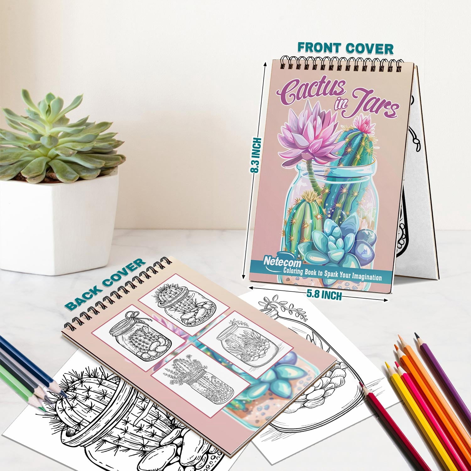 Netecom Cactus in Jars Coloring Book Spiral Bound for Adults, A5 Wooden Cover, 30 Beautiful Coloring Pages of Succulent Plants in Jar for Stress Relief and Relaxation