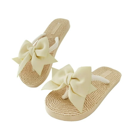 

ZHAGHMIN Beach Sandals Women Cute Bow Beach Slippers for Women 2024 Summer Slip On Flip Flops Fashion Boho Soft Sole Sandals White Size7