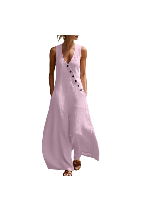 Jumpsuits for Women Casual Cotton Oblique Button Rompers Flowy Wide Leg Casual Travel Vacation Beach Overalls with Pocket Pink,S