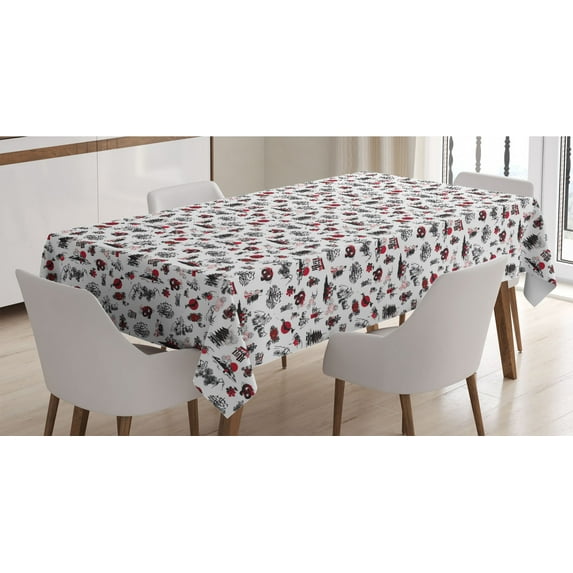 East Tablecloth, Japanese Architecture Towers Palaces Houses Sketchy Silhouettes Dragon, Rectangle Satin Table Cover Accent for Dining Room and Kitchen, 60" X 84", Dark Coral Black White, by Ambesonne