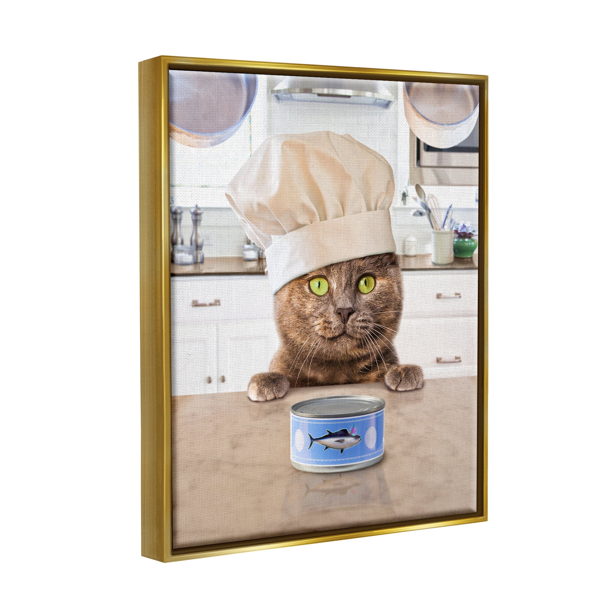 Stupell Industries Cat Chef & Tuna Can Animals & Insects Painting Gold Floater Framed Art Print Wall Art, 25 x 31