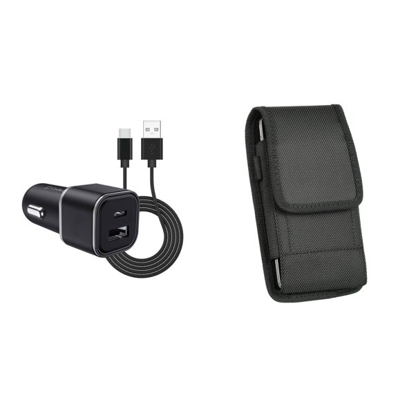Holster and Car Charger Bundle for Samsung Galaxy S22 Ultra: Vertical Nylon Belt Pouch Case (Black) and Compact High Power 30W Dual USB Port (Type-C & USB-A) Auto Power Adapter