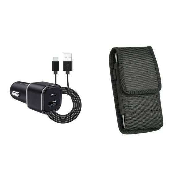 Holster and Car Charger Bundle for Moto G 5G (2022): Vertical Nylon Belt Pouch Case (Black) and Compact High Power 30W Dual USB Port (Type-C & USB-A) Auto Power Adapter