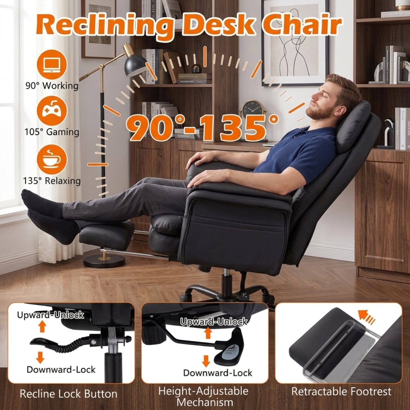 Furnibear Big and Tall Executive Office Chair 500 lbs Ergonomic Cross Legged Computer Chair with Retractable Footrest and Flip Up Arms, Black