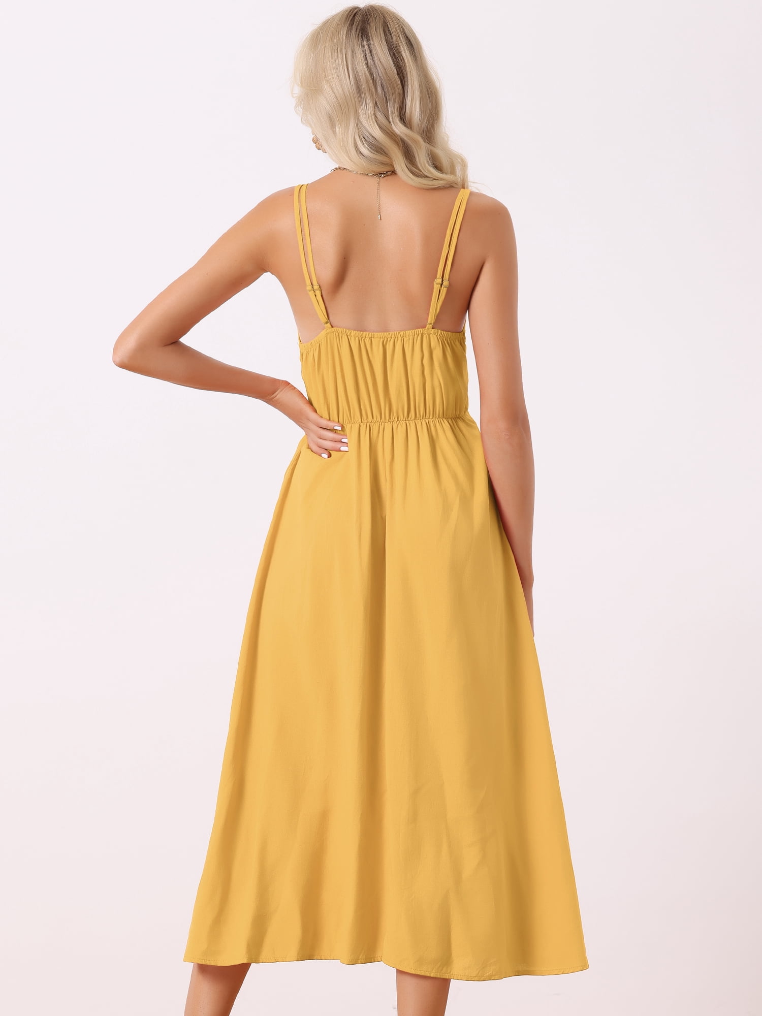 DARING DIVA Women's Boho Midi Dress Spaghetti Straps Sleeveless Vacation Beach S Yellow