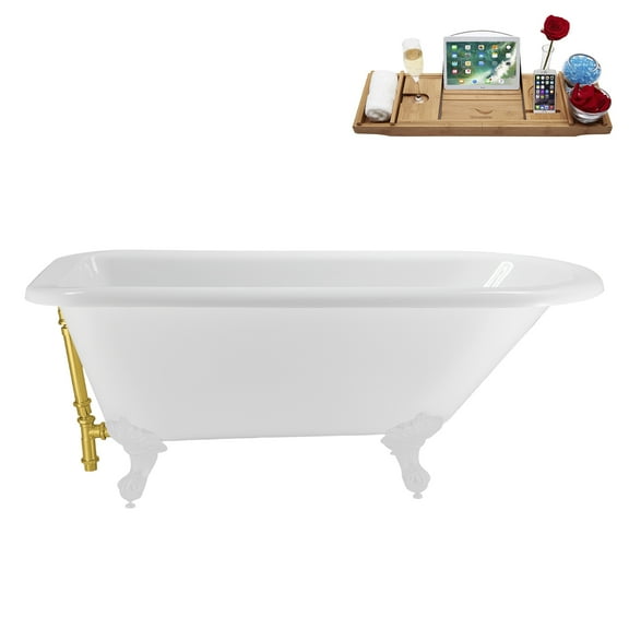 62" Streamline N4840WH-GLD Soaking Clawfoot Tub and Tray With External Drain in Polished Gold and Glossy White Clawfeet