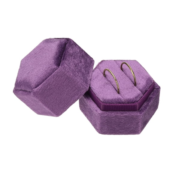 Velvet Ring Box, 2 Slot Hexagon Wedding Ring Display Holder Box Jewelry Ring Gift Case for Wedding Ceremony Proposal Engagement, Dark Purple